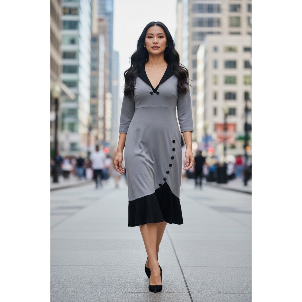 Honeyee Dress Size 12 Grey W/ Black Accents Career Work Wear